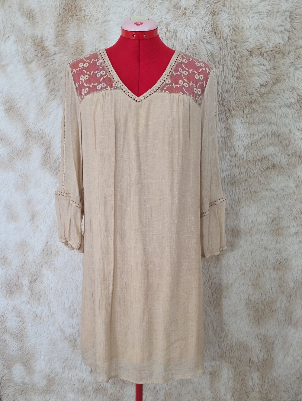 Indigo Rose PXL Beige Boho Tunic Top Lace Embroidered 3/4 Sleeve Plus Size